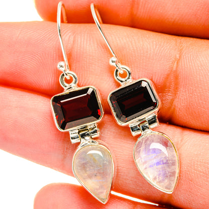 Sterling silver drop earrings with dark red square stone and pearly iridescent moonstone