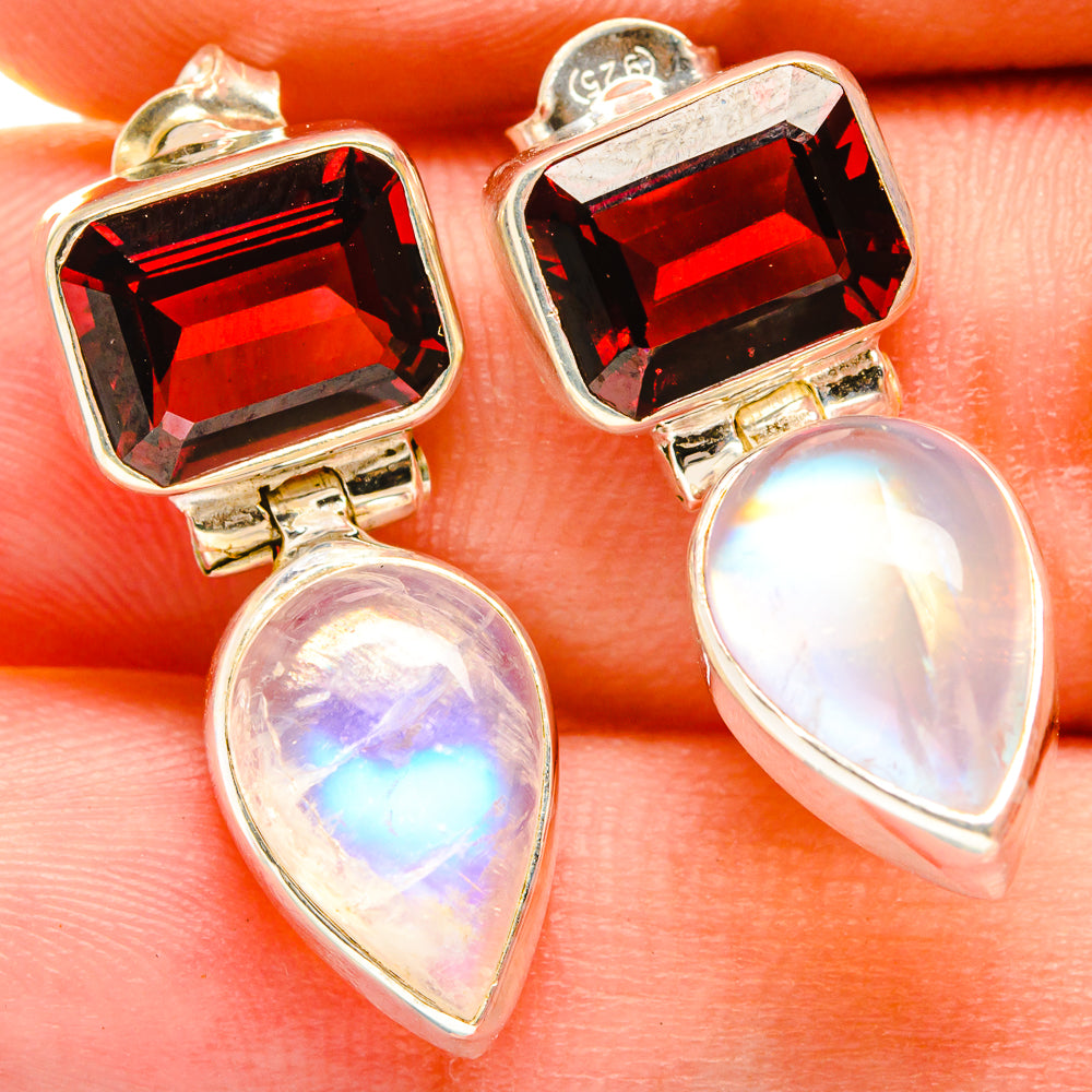 Rainbow Moonstone, Garnet Earrings handcrafted by Ana Silver Co - EARR421201