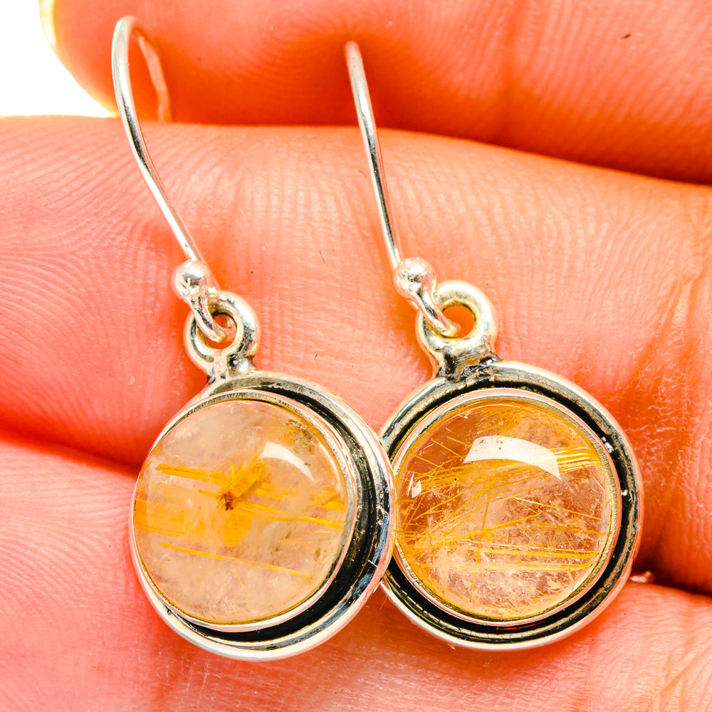 Rutilated quartz drop earrings with round golden cabochon and sterling silver hooks