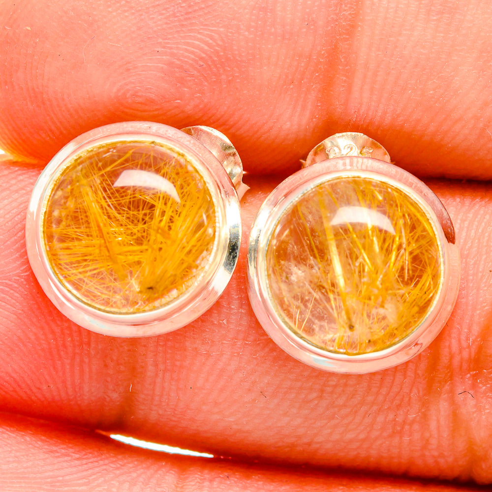 Round rutilated quartz stud earrings in sterling silver, orange-gold threads in bezel