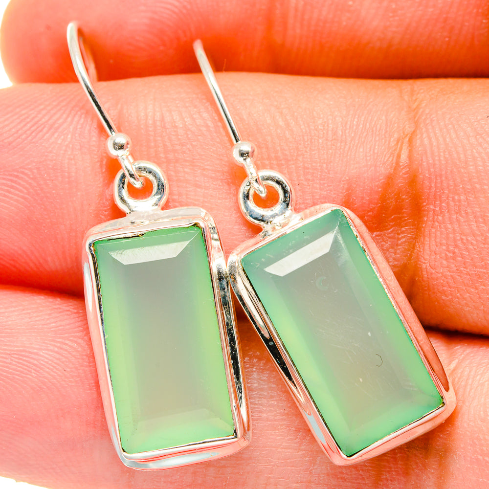 Sterling silver earrings with rectangular aqua-green chalcedony dangles, lever hooks
