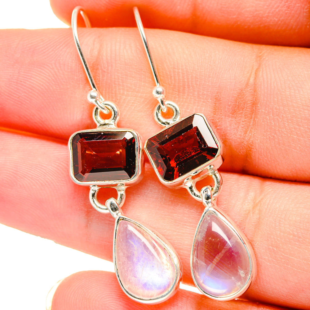 Silver drop earrings with red square stone tops and iridescent teardrop moonstone drops