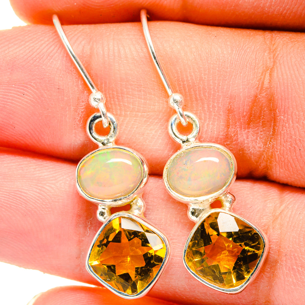 Sterling silver opal and citrine drop earrings, oval opal top with faceted citrine dangles