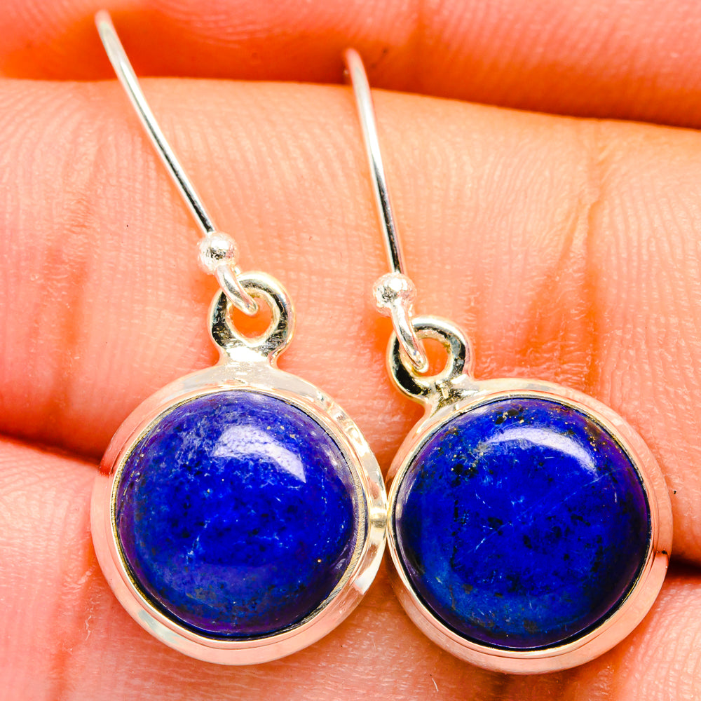 Sterling silver lapis lazuli round cabochon earrings, small dangle hooks
