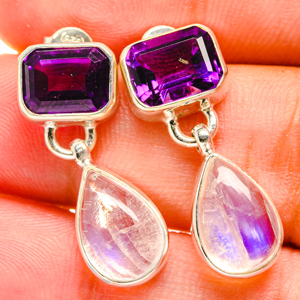 Sterling silver earrings with purple amethyst square studs and rainbow moonstone drops