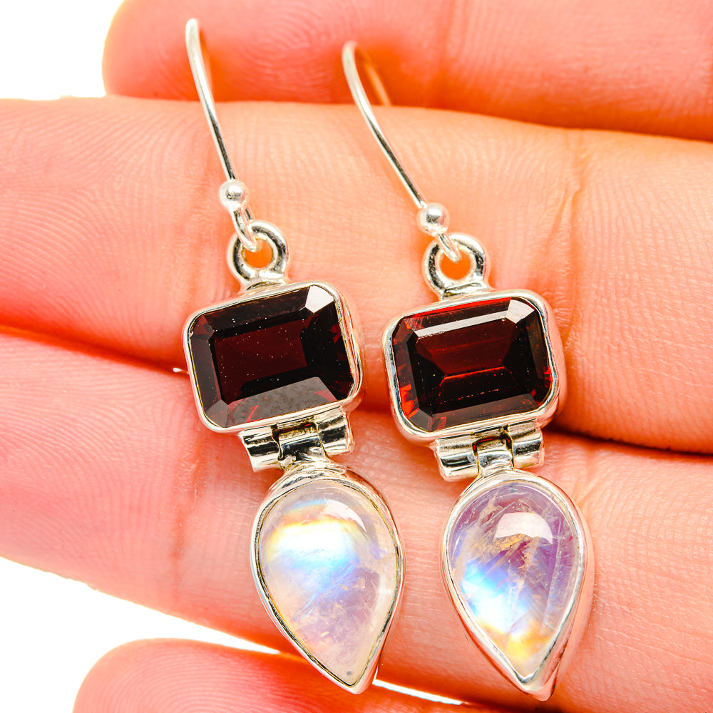 Sterling silver drop earrings with square red gemstone and moonstone teardrops