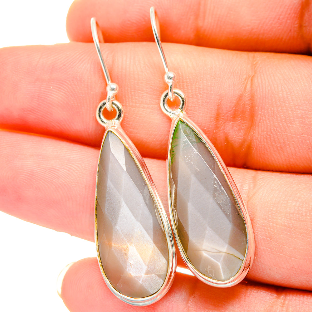 Faceted teardrop moss agate earrings, 925 sterling silver hooks, green-gray and cream