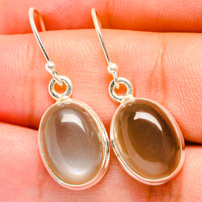 Oval moonstone drop earrings, silver bezel, translucent light-brown cabochons