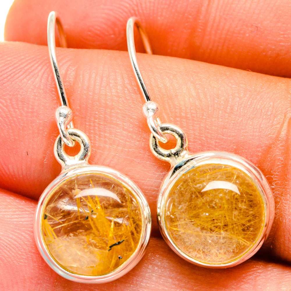 925 sterling silver rutilated quartz drop earrings, round amber cabochons