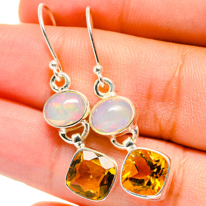 Opal cabochon and citrine faceted teardrop drop earrings with silver lever hooks