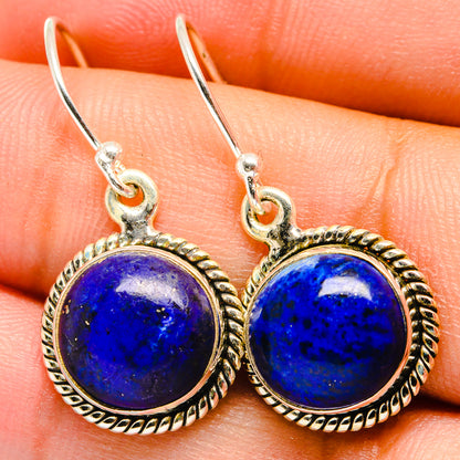 Lapis lazuli cabochon drop earrings in 925 sterling silver, round blue stones, hook backs