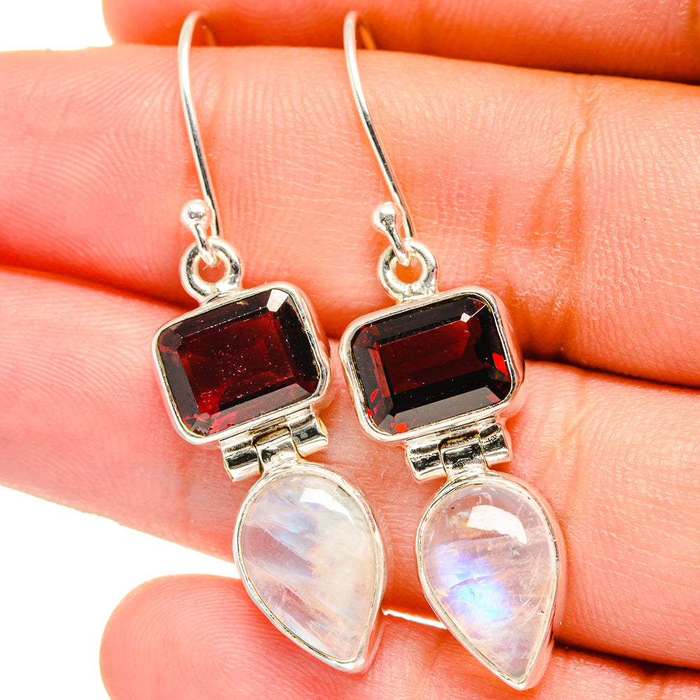 Sterling silver earrings with square red garnet and teardrop opalescent moonstone drops