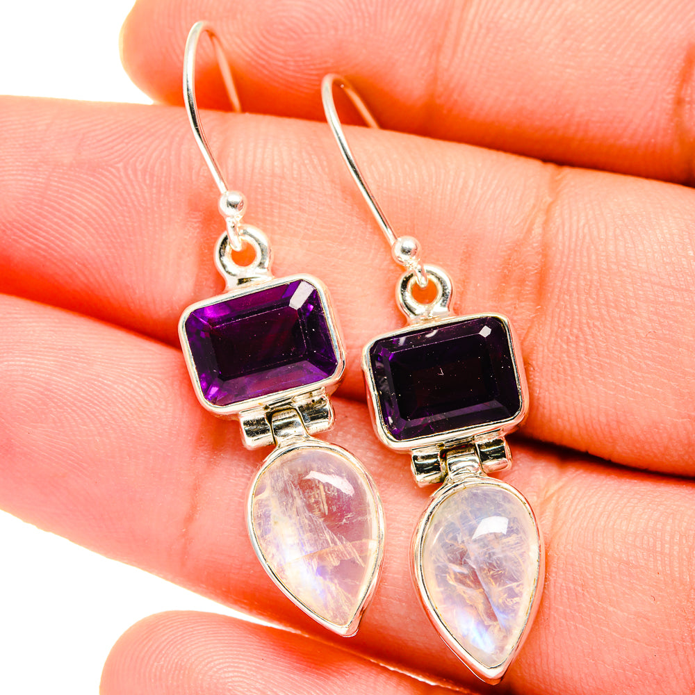 Sterling silver amethyst stud-top drop earrings with faceted purple square and teardrop moonstone