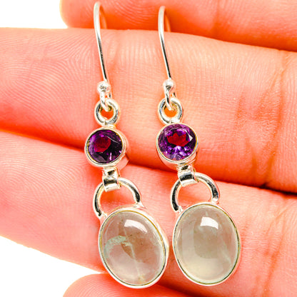 Amethyst and aquamarine drop earrings with purple round stones and pale oval accents