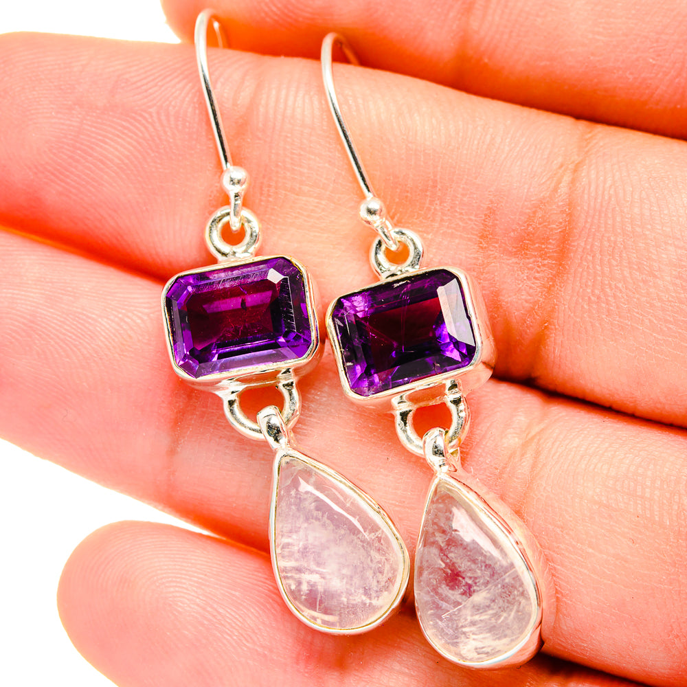 925 sterling silver earrings with purple square amethyst and teardrop moonstone drops