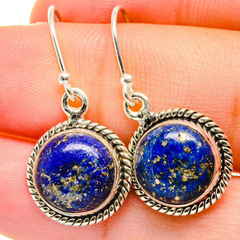 Round lapis lazuli drop earrings in 925 sterling silver, blue cabochon bezel