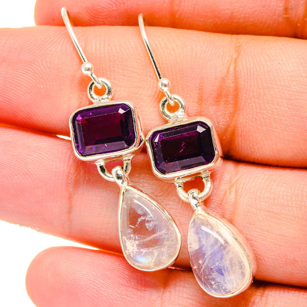 Amethyst and moonstone drop earrings, purple square stones with teardrop moonstones