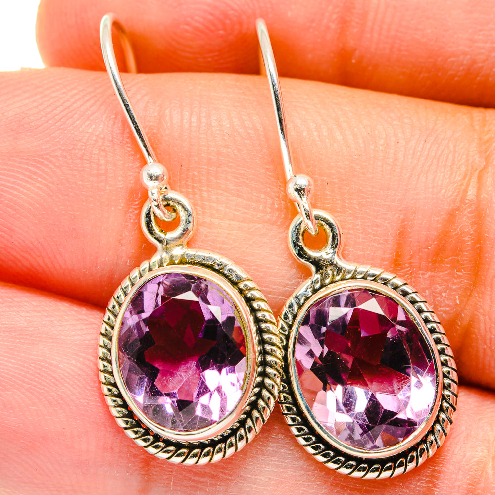 Amethyst drop earrings, faceted oval purple gemstone bezel with loop hooks