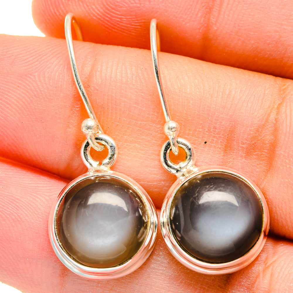 Round moonstone drop earrings, 925 sterling silver, gray cabochon in bezel