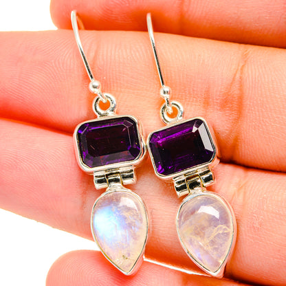 Sterling silver earrings, purple amethyst square with white opalescent moonstone drops