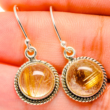 Rutilated quartz round drop earrings with silver bezel and dangling hooks