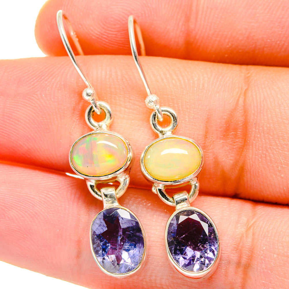 925 sterling silver drop earrings, opal oval and faceted purple gemstone dangles