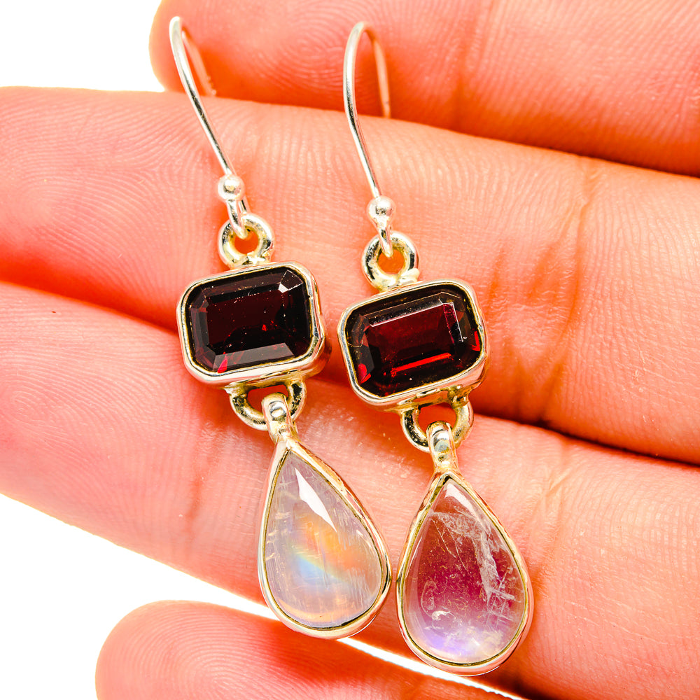 Garnet and rainbow moonstone drop earrings with silver hooks and teardrop charms