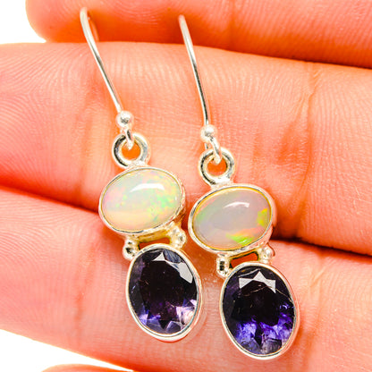 Silver drop earrings with opal round cabochons and purple faceted tanzanite ovals