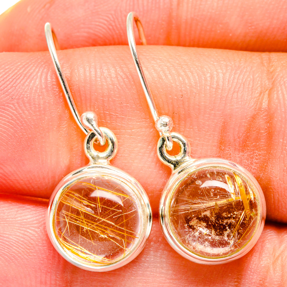 Rutilated quartz hoop-style earrings, round amber rutile cabochons on sterling silver hooks