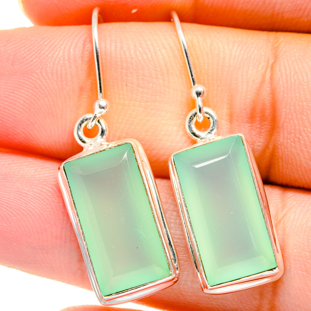Sterling silver aqua chalcedony earrings with rectangular green stones and fishhook backs