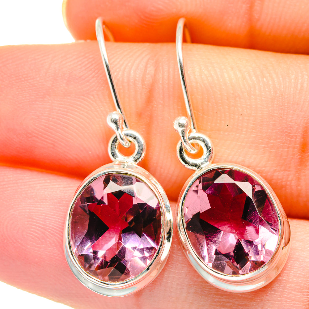Round pink gemstone drop earrings in silver with lever hooks