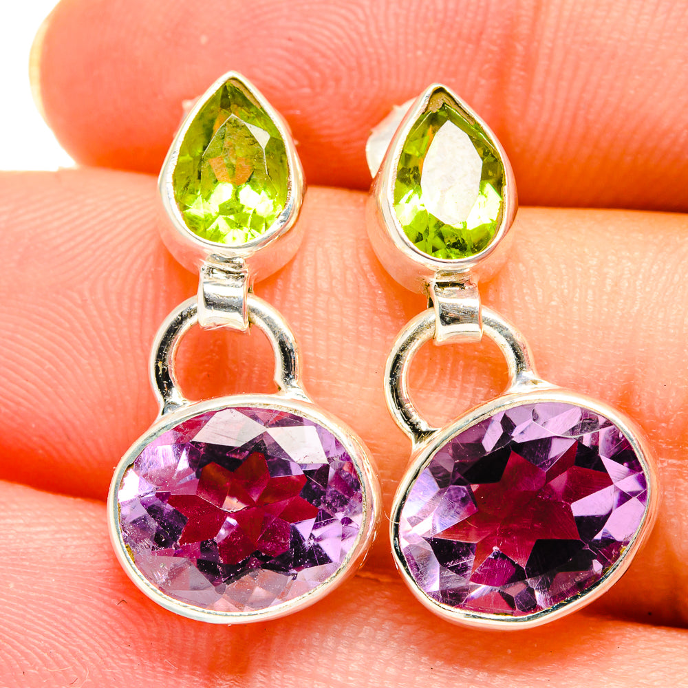Sterling silver drop earrings with green peridot and round amethyst facets