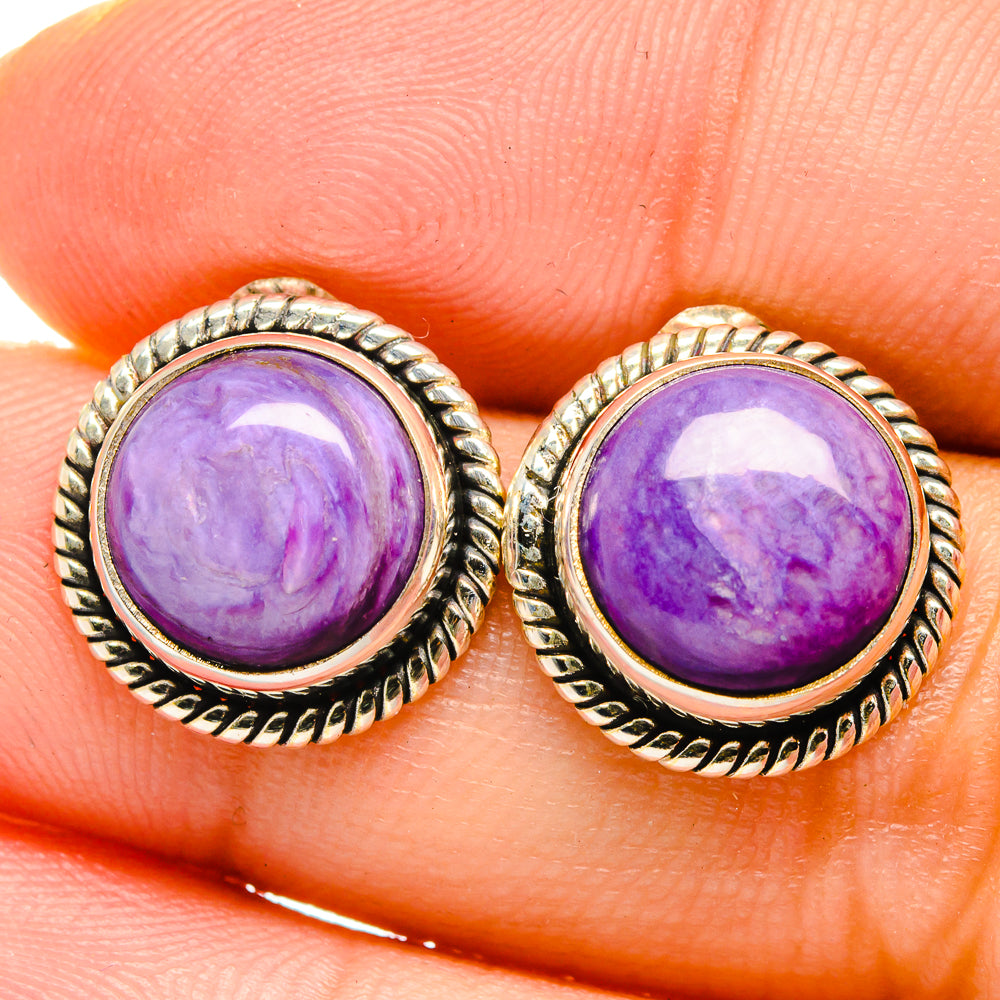 Sterling silver round cabochon earrings with purple charoite and rope bezel