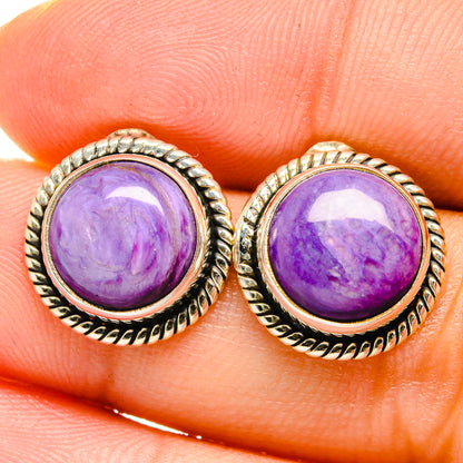 Sterling silver round cabochon earrings with purple charoite and rope bezel