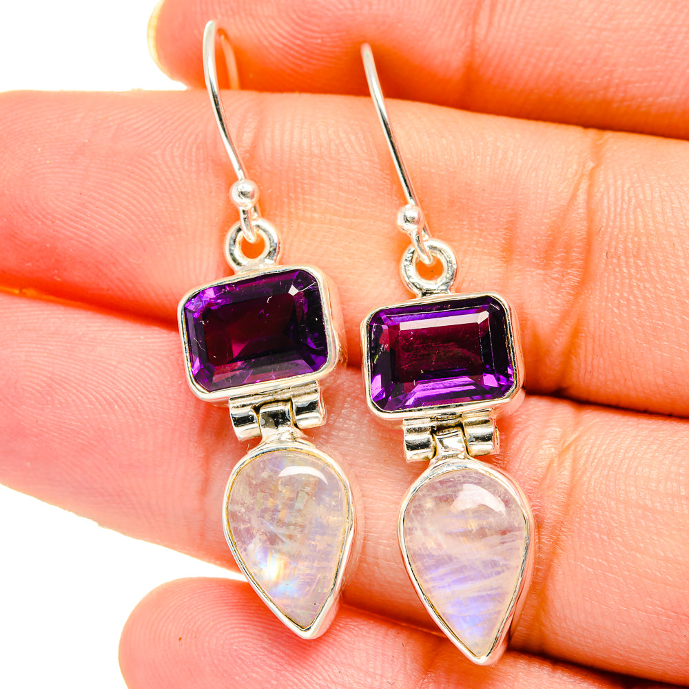 Amethyst and opal-like drop earrings with purple square stones, sterling silver hooks