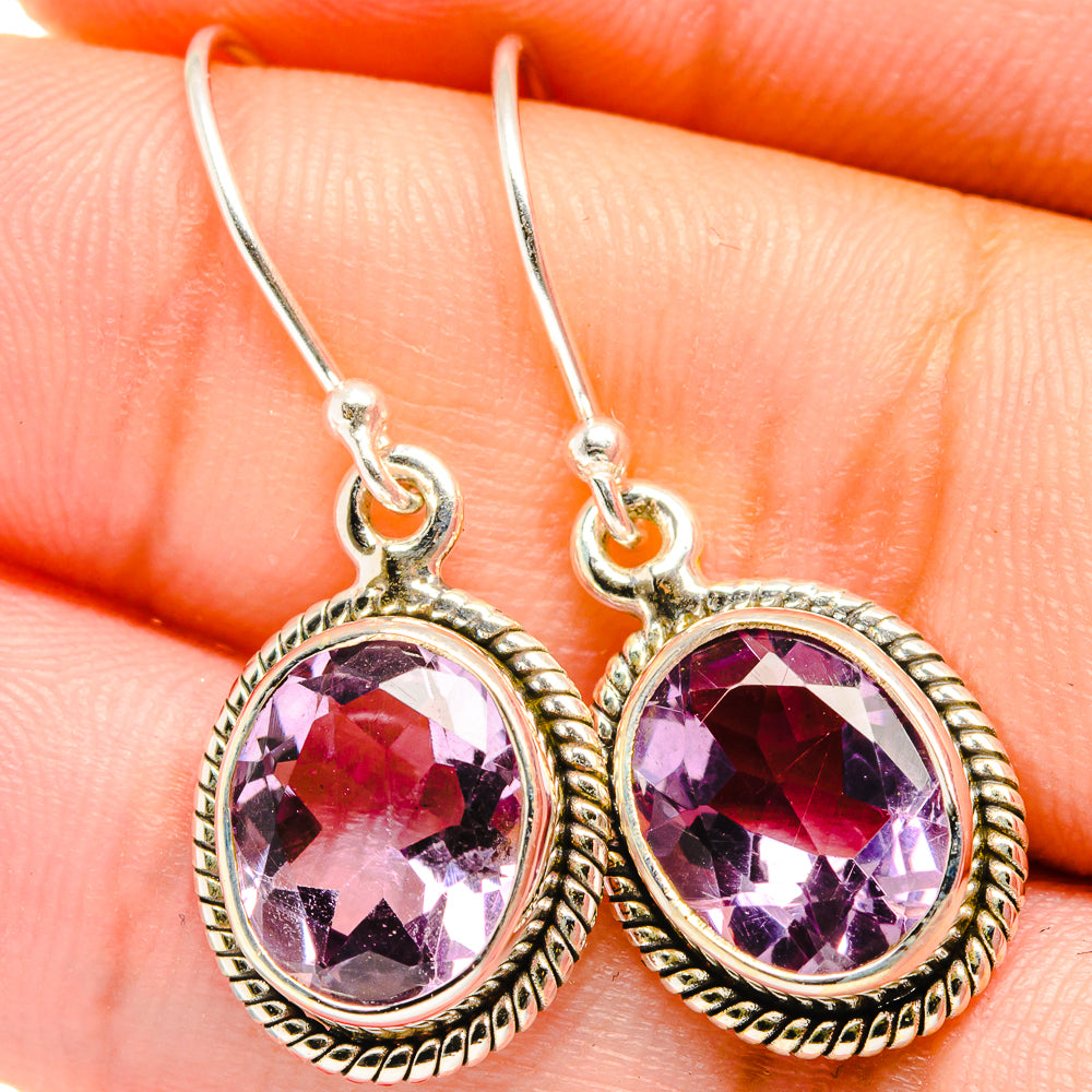 Oval faceted amethyst drop earrings, sterling silver beaded bezel and hook backs