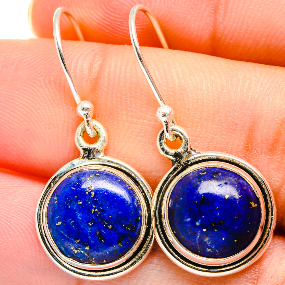 Round lapis lazuli drop earrings in 925 sterling silver, blue stone dangle with fishhook
