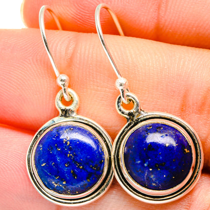 Round lapis lazuli drop earrings in 925 sterling silver, blue stone dangle with fishhook