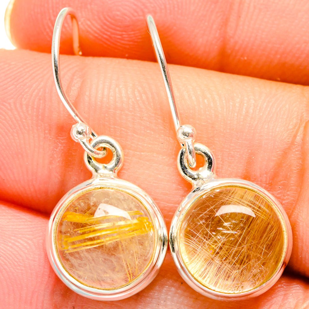 Sterling silver rutilated quartz drop earrings, orange-gold discs with detail hooks