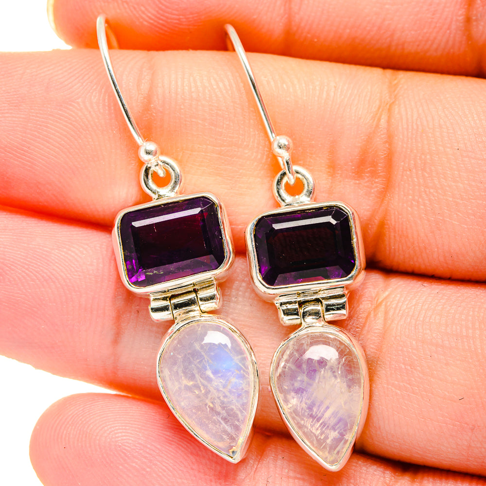 Purple square amethyst and opalescent moonstone drop earrings, sterling silver hooks