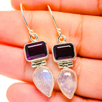 Purple square amethyst and opalescent moonstone drop earrings, sterling silver hooks