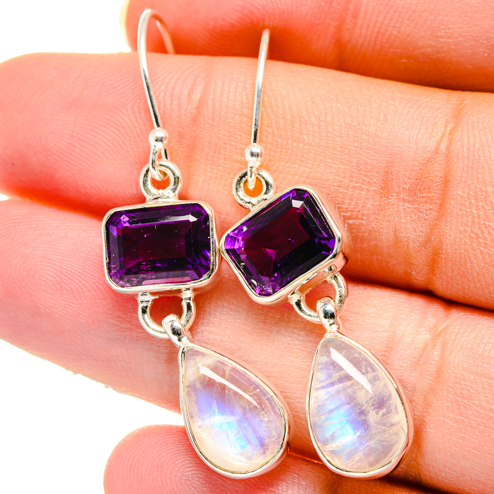 Amethyst purple square drop earrings with opal teardrop accents, 925 sterling silver hooks