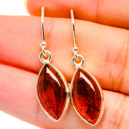 Sterling silver amber teardrop drop earrings on hooks, glossy red-orange