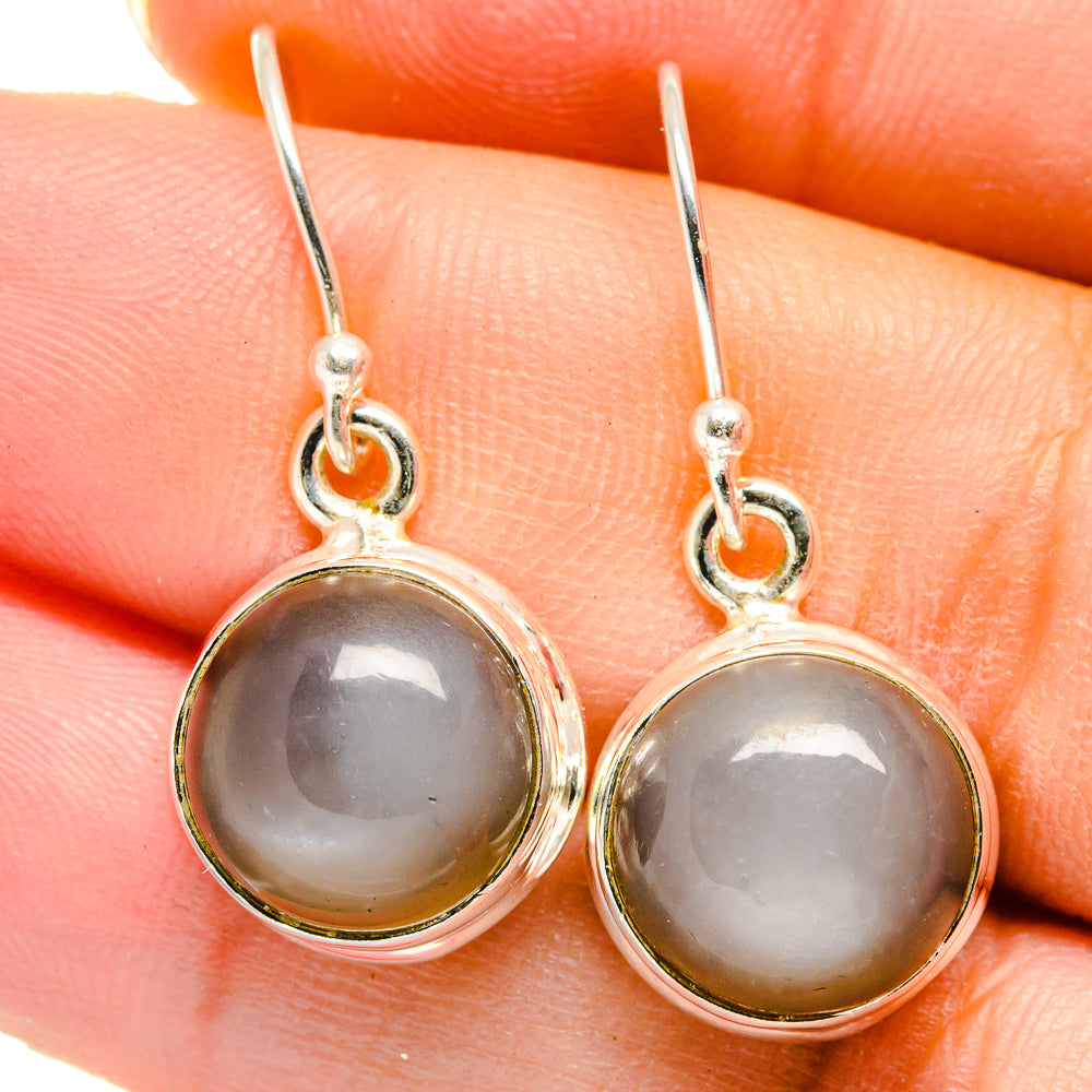 Round moonstone drop earrings in silver-tone with dangling lever-back hooks, close-up pair