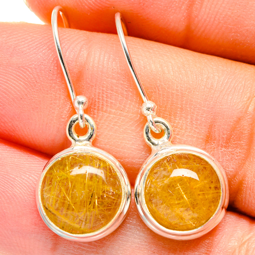 Sterling silver drop earrings with round golden rutilated quartz cabochons