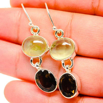 Sterling silver drop earrings: green oval stones over dark oval smoky quartz dangles