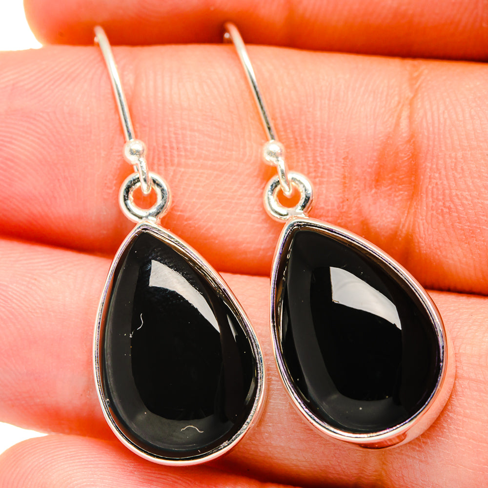 925 sterling silver black onyx teardrop earrings with glossy bezel and hooks