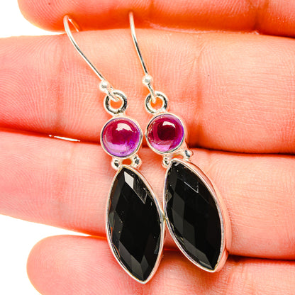 Amethyst and black onyx drop earrings with sterling silver hooks and oval black stones
