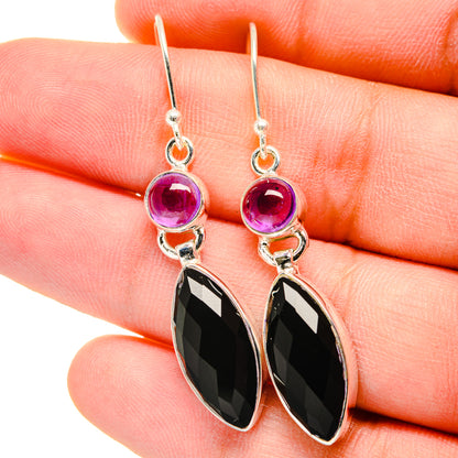 Sterling silver drop earrings with purple amethyst discs and black onyx teardrops