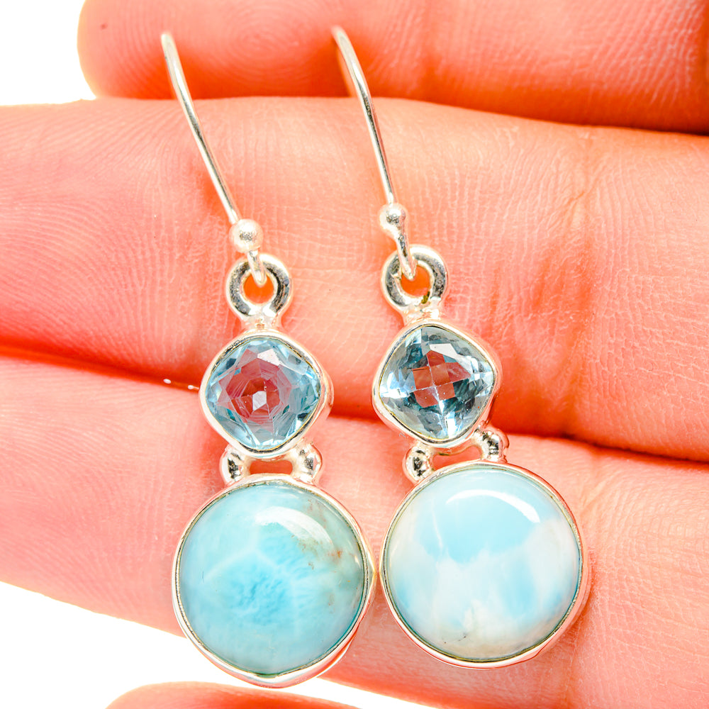 Sterling silver drop earrings with blue topaz and larimar-style round stones